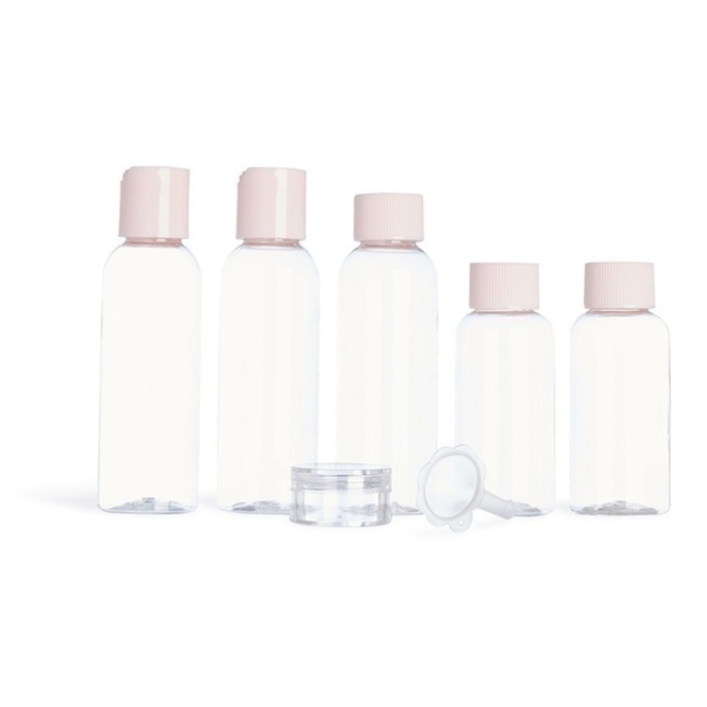 7 Pack Travel Bottle Set Clear with Pink Lid